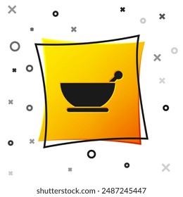 Black Mortar and pestle icon isolated on white background. Yellow square button. Vector Illustration