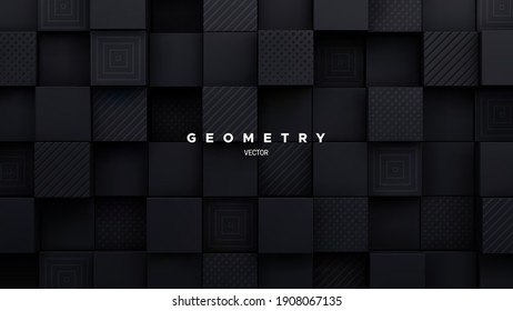 Black mosaic background. Random cubes backdrop. Vector geometric illustration. Square shapes with engraved patterns. Architectural abstraction. Interior concept. Business or corporate decoration