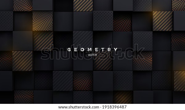 Black mosaic background. Random cubes backdrop. Vector geometric illustration. Square shapes with engraved gold patterns. Architectural abstraction. Interior concept. Business or corporate decoration