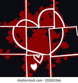 black mosaic broken background with red spread heart illustration together vector print pattern. for fashion and graphic design. t shirt print, poster, valentines and special day print offer