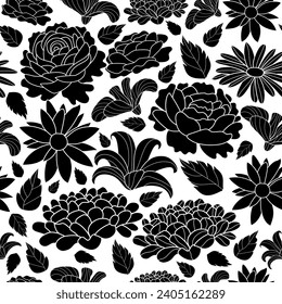 Black mosaic flowers vector seamless pattern. hand drawn leaves and line art and white background. for fabric, wallpaper, prints. 