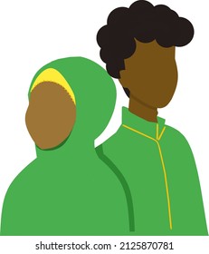 Black moslem couple standing next to each other wearing green. Cartoon vector illustration. Great addition for wedding invitation or greeting card.