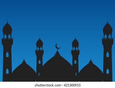 Black mosque before sunrise on blue background. Vector illustration happy Ramadan Kareem greeting card design.