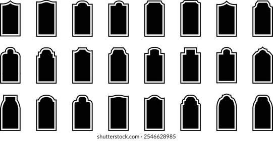 Black mosque borders or Arabian gates. Islamic door and window silhouette Arabic arch shape. Silhouette Arabic arch. Islamic window shapes in oriental style. Ramadan Shape Door, Vector illustration