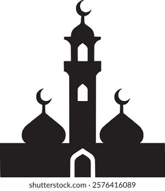 A black mosque icon on a white background. It features a domed structure with two elegant minarets, symbolizing worship, spirituality, and unity in a clean, timeless, and minimalist design.