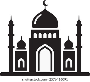 A black mosque icon on a white background. It features a domed structure with two elegant minarets, symbolizing worship, spirituality, and unity in a clean, timeless, and minimalist design.