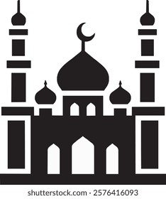 A black mosque icon on a white background. It features a domed structure with two elegant minarets, symbolizing worship, spirituality, and unity in a clean, timeless, and minimalist design.