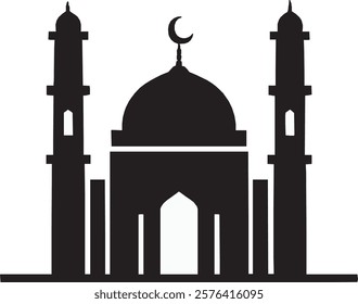 A black mosque icon on a white background. It features a domed structure with two elegant minarets, symbolizing worship, spirituality, and unity in a clean, timeless, and minimalist design.