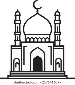 A black mosque icon on a white background. It features a domed structure with two elegant minarets, symbolizing worship, spirituality, and unity in a clean, timeless, and minimalist design.