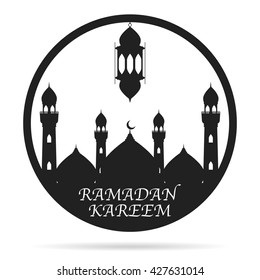 Black mosque and lantern in circle on white background. Vector illustration happy Ramadan Kareem greeting card design.
