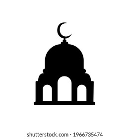 Black mosque with minarets and a crescent moon at the base of the dome