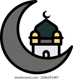 Black mosque silhouette with crescent moon, symbolizing Ramadan devotion and prayers.