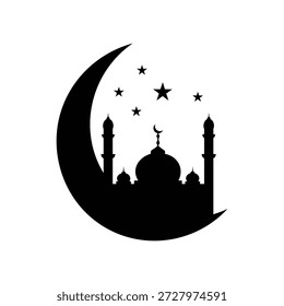 Silueta negra de la mezquita con la luna creciente y las estrellas celestiales, minimalista