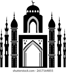 Black mosque silhouette with domes and minarets in Islamic architectural style for religious or cultural themes, Ramadan and Eid visuals.