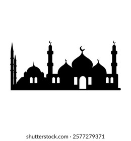 Black Mosque Silhouette with Four Minarets and Crescent Moon Ideal for Eid Celebration Decor and Islamic Art. Islamic Mosque icon vector art