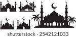 Black Mosque Silhouette with Minarets and Crescent Moon Ideal for Eid Celebration Decor and Islamic Art. Islamic Mosque icon vector art set