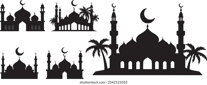 Black Mosque Silhouette with Minarets and Crescent Moon Ideal for Eid Celebration Decor and Islamic Art. Islamic Mosque icon vector art set