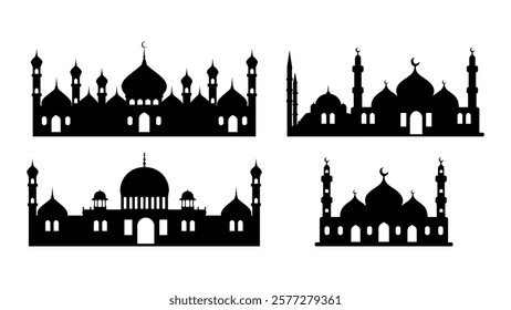 Black Mosque Silhouette with Minarets and Crescent Moon Ideal for Eid Celebration Decor and Islamic Art. Islamic Mosque icon vector art set