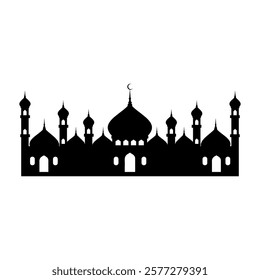 Black Mosque Silhouette with Six Minarets and Crescent Moon Ideal for Eid Celebration Decor and Islamic Art. Islamic Mosque icon vector art