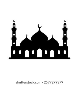 Black Mosque Silhouette with Two Minarets and Crescent Moon Ideal for Eid Celebration Decor and Islamic Art. Islamic Mosque icon vector art