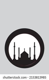 BLACK MOSQUE VECTOR IMAGE. WHITE GRAY CIRCLE BACKGROUND