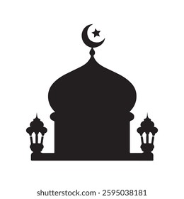 Black Mosque Vector Silhouette with Minarets and Crescent Moon Ideal for Eid Celebration Decor and Islamic Art. Islamic Mosque icon vector art