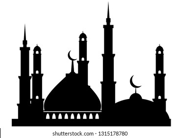 Black Mosque Vector Silhouette in white background for Ramadhan and Eid Mubarak