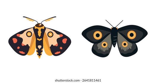 Black moth. Flat vector clipart, illustration with isolated background.