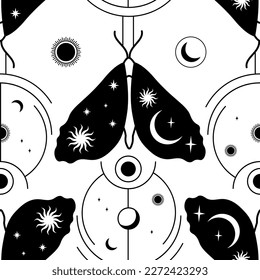 Black moth with sun and moon on a white background. Seamless vector pattern with celestial symbol.