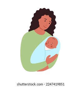 Black mother carrying little baby in flat design on white background. Mom and newborn baby concept vector illustration.