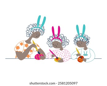 Black mother and children paint eggs for Easter. vector hand drawn illustration about preparation for Easter.