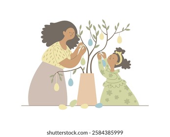 Black mother and daughter decorate the Easter tree for the holiday. Vector hand drawn illustration on the theme of Easter table decoration.