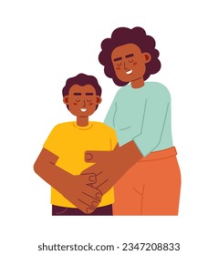 Madera negra abrazando a un hijo predilecto de caracteres vectoriales de color semiplano. La crianza de los hijos. Mamá afectuosa. Medio cuerpo editable en blanco. Ilustración simple de dibujos animados para el diseño gráfico web