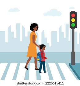 Black mother with kid crossing the road at crosswalk with traffic light vector illustration. Mom and son walking together in city road in flat design.