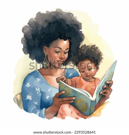 Black mother read a storybook for her baby in watercolor