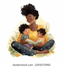 Black mother reads storybook for daughter and son in watercolor illustration svg