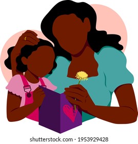 A Black mother receives a Mother's Day card and flower from her young daughter.