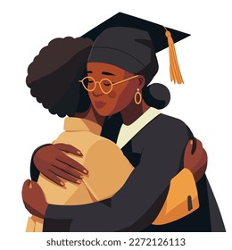 Black mother, sister or friend hugging and support graduate with graduate cap on the head. Concept for happy graduation poster or card template design. Flat vector illustration