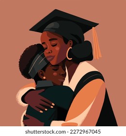 Black mother, sister or friend hugging and support graduate with graduate cap on the head. Concept for happy graduation poster or card template design. Flat vector illustration