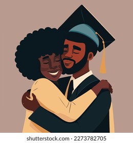 Black mother, sister or friend hugging and support graduate with graduate cap on the head. Concept for happy graduation poster or card template design. Flat vector illustration