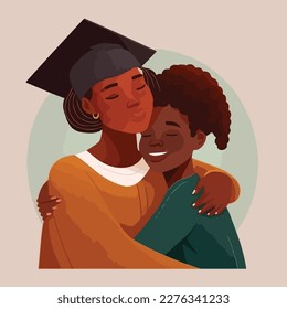 Black mother, sister or friend hugging and support graduate with graduate cap on the head. Concept for happy graduation poster or card template design. Flat vector illustration