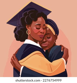 Black mother, sister or friend hugging and support graduate with graduate cap on the head. Concept for happy graduation poster or card template design. Flat vector illustration