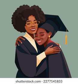 Madre negra, hermana o amiga abrazando y apoyando a un graduado con gorra en la cabeza. Concepto de diseño de póster de graduación feliz o de plantilla de tarjeta. Ilustración vectorial plana