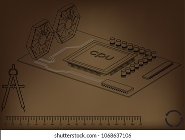 black motherboard on brown background, vector image
