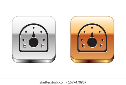 Black Motor gas gauge icon isolated on white background. Empty fuel meter. Full tank indication. Silver-gold square button. Vector Illustration