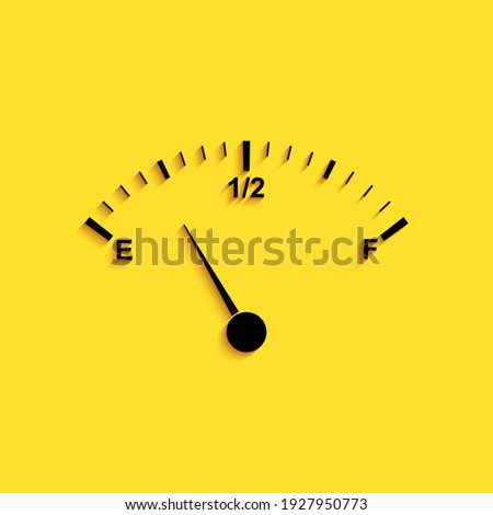 Black Motor gas gauge icon isolated on yellow background. Empty fuel meter. Full tank indication. Long shadow style. Vector