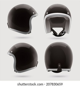 Black motorbike classic helmet. Front, back and side view.