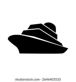 The black motorboat silhouette, on a clean white background, is ideal for icons, logos or design elements related to water and navigation.