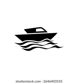 The black motorboat silhouette, on a clean white background, is ideal for icons, logos or design elements related to water and navigation.