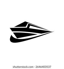 The black motorboat silhouette, on a clean white background, is ideal for icons, logos or design elements related to water and navigation.